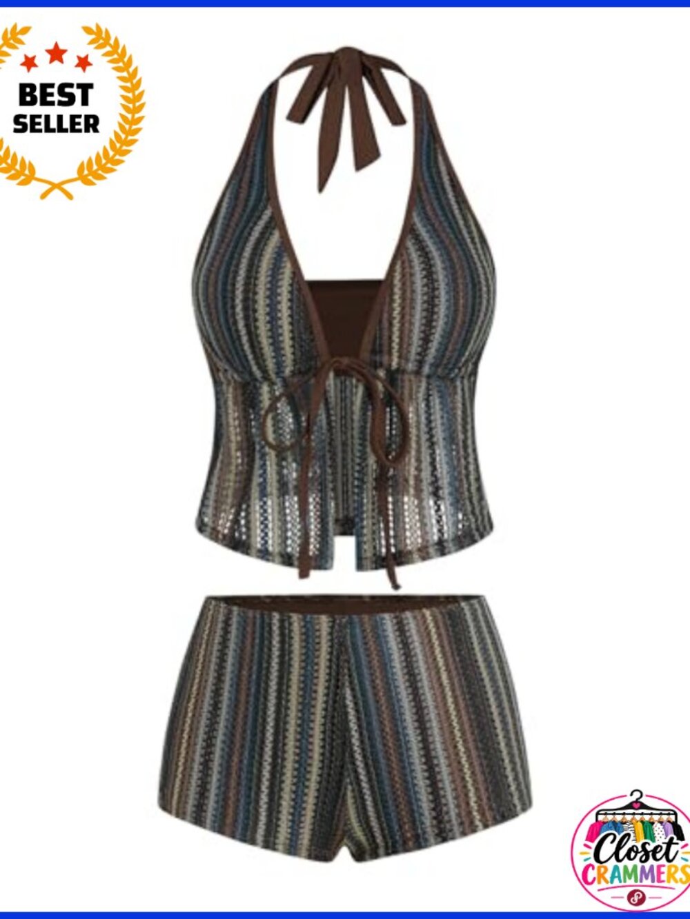 Women Striped Halter Front Tie Tankini Two Piece Boyshort Swimsuit - Picture 1 of 5
